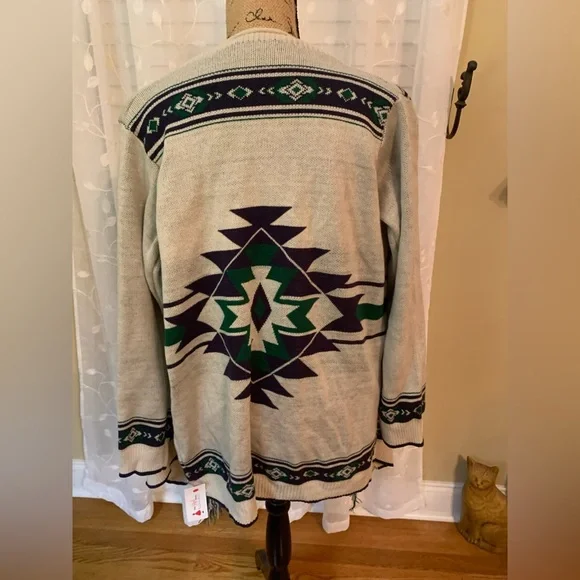 Bo Bel Beige with Dark Green and Purple Fringe Cardigan Sweeter NWT - Picture 4 of 12